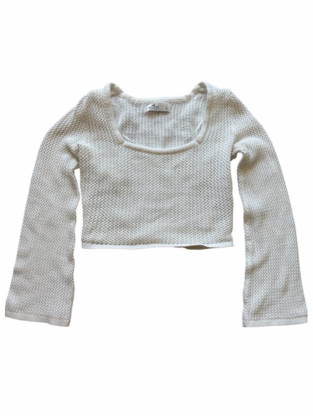 Hollister White Knit Cropped Long Bell Sleeve Top Scoop Neck Bohemian Coastal